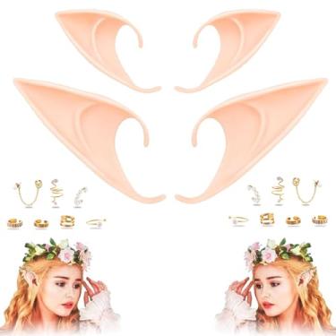 Imagem de Conjunto de 2 pares de orelhas de elfo com brincos, fada de Halloween Pixie orelha pontiaguda macia com argola de ouro, conjunto de corrente de brincos de pérola, acessórios de festa de Natal para