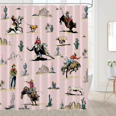 Imagem de JAWO Cortina de chuveiro ocidental, Farmhouse Country American West Western, Wild West Cowboy Horse Conjunto de acessórios de banheiro com ganchos, 182 x 182 cm, rosa