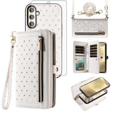 Imagem de Asuwish Capa de telefone para Samsung Galaxy S25 5G carteira com zíper removível com protetor de tela transversal alça de cordão brilhante compartimentos para cartão de crédito S25Edge 25S S 25 25Edge