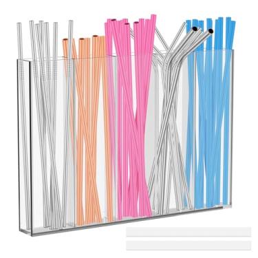 Imagem de Suporte de canudo de acrílico transparente, organizador de canudo reutilizável com fita adesiva dupla face, suporte de canudo de copo de 6 compartimentos para bancadas organizadas, armários e cozinhas