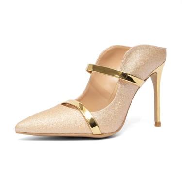 Imagem de NEWBELLA Salto agulha feminino de bico fino - Sapatos elegantes de formatura e festa, sapatos de salto alto para noite, casamento e ocasiões especiais, Dourado, 38