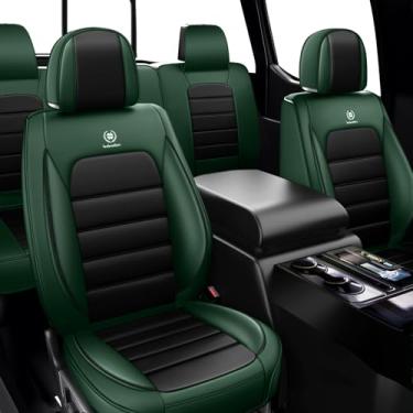 Imagem de ILMO Adequado para Toyota 4Runner 2000-2024 capas de assento de carro, capa de assento de couro impermeável, cobertura total com protetor de assento de airbag compatível (preto verde, 5 assentos
