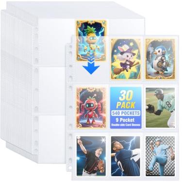 Imagem de Pacote com 30 bolsos 540 bolsos para cartão de troca dupla face com 9 bolsos para fichário de 3 anéis, capas de plástico transparente para cartões esportivos, cartões de visita, cartões de jogos, fotos