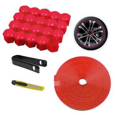 Imagem de Qiyibei 20 peças de capas de porca de vinil e kit de tira de acabamento de cubo de roda de borracha de 7,9 m - Capas de porcas universais e protetor de aro decorativo para porcas de 17 mm, com