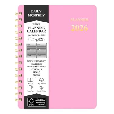 Imagem de TIIKKASI Agenda semanal mensal de 2026 (janeiro a dezembro) - 15 x 21 cm - bloco de notas de produtividade de plano de agenda de 12 meses de férias de inverno, capa de plástico flexível encadernada