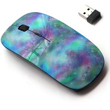 Imagem de Mouse sem fio de 2,4 G com design de padrão fofo para todos os laptops e desktops com nano receptor - galáxia espacial sideral azul e verde