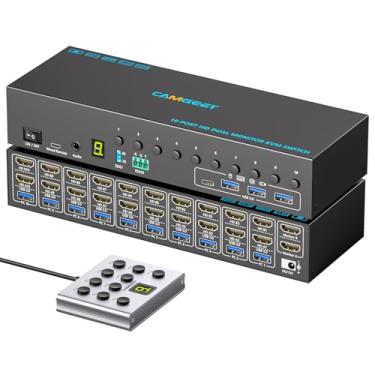 Imagem de 10 PC HDMI KVM Switch 2 Monitores 4K@60Hz Simulação EDID,USB 3.0 Dual Monitor KVM Switch para 10 PCs Compartilhe 2 Monitores e 4 Dispositivos USB, Áudio,RS232, com Controlador, DC12V e 10 Cabo USB