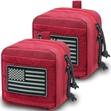 Imagem de Bolsa utilitária Tactical MOLLE Admin com bandeira, corte a laser 10 x 10 cm, bolsa pequena para cinto de ferramentas, com divisória interna e bolso de vinil removível (pacote com 2 - VERMELHO)