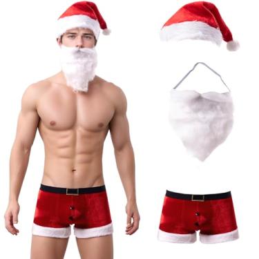 Imagem de Evankin Conjunto de cuecas boxer masculinas de Natal, fantasia de Papai Noel, lingerie de Natal com chapéu e barba falsa (L) 1