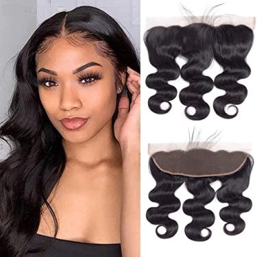 Imagem de Body Wave Lace Frontal Closure 33x4 Orelha a Orelha Lace Frontal Frete Ondulada Pré-puxada Frontal Cabelo Humano Brasileiro Grau 12A 33x10 cm Fechamento frontal entrelaçado com cabelo de bebê cor preta natural (30,5 cm)