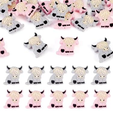 Imagem de Beadthoven 20 peças de contas focais de silicone de gado para canetas, contas de silicone de vaca rosa cinza claro fofo desenho animado animal solto espaçadores de borracha para chaveiros, pulseiras