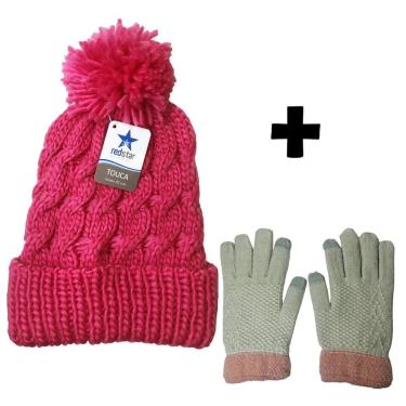 Imagem de Kit Feminino Touca Tricô Frio Inverno Com Luva Touch Screen