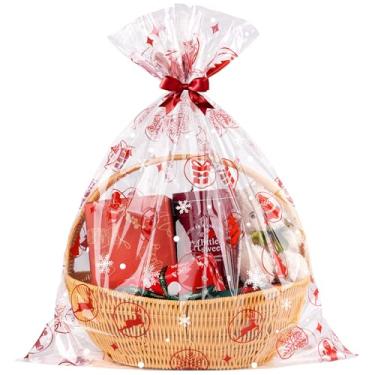 Imagem de CUDICY Sacos de presente de celofane de Natal, 10 peças, embalagem de presente grande, 61 x 76 cm, plástico transparente para embrulho de cesta (bola de Natal)