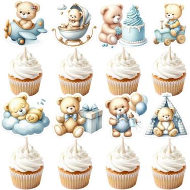 Imagem de Auteby 48 peças de enfeite de cupcake de urso de bebê para chá de bebê menino ou menina suprimentos de festa de aniversário (menino)
