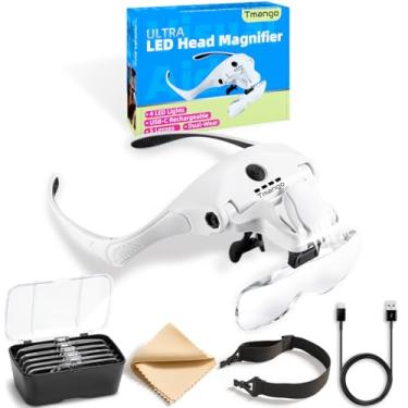 Imagem de Tmango Lupas Com 4 Luzes Led, Fone De Ouvido Com Lupa Com 5 Lentes Removíveis, Lupa De Cabeça Iluminada Recarregável Com Faixa De Cabeça Para Joalheiros, Cílios, Conserto De Relógios Ou Ponto Cruz