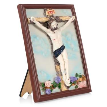 Imagem de PNFPNF Moldura de mesa de Jesus Cristo de 24 cm de altura, escultura renascentista feita à mão, resina pintada à mão, Jesus em crucifixo de madeira, presentes religiosos de inauguração de casa