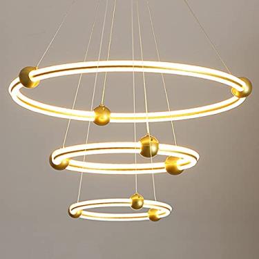 Imagem de Ayuxian Sala de estar Dimming Lustre Corredor Criatividade Anel Forma Sílica Gel Ferro Forjado Luzes Pendentes Remoto Dimming Altura Ajustável Luzes Penduradas (70+50+30cm)