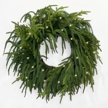Imagem de TOKCARE Guirlanda de pinheiro Norfolk de toque real de 61 cm para porta da frente, guirlanda de Natal artificial com 40 LED verde falso guirlanda de pinheiro para parede, janela, manto, decoração de