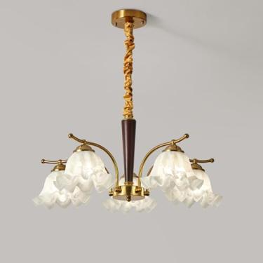 Imagem de Lustre de 5 luzes para meninas para quarto, flores, vidro leitoso, lustre de madeira, moderno de meados do século, pendente, lustre de teto vintage para quarto, sala de estar, ilha de cozinh