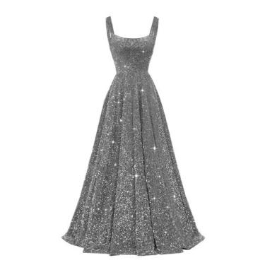 Imagem de Vestido de formatura Miao Duo Sparkly Sequin A Line cinza com bolsos