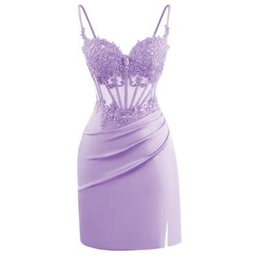 Imagem de Vestido de boas-vindas Clothfun, lilás acetinado com apliques de renda