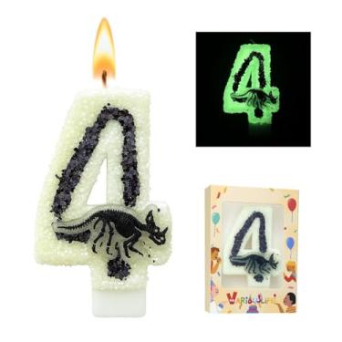 Imagem de Vela de aniversário de dinossauro que brilha no escuro número 4 para festa temática de esqueleto jurássico menino