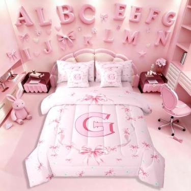 Imagem de Erosebridal Jogo de cama solteiro com letra G com laço kawaii, rosa, com laço, romântico, chique, para quarto de crianças, meninas e adolescentes