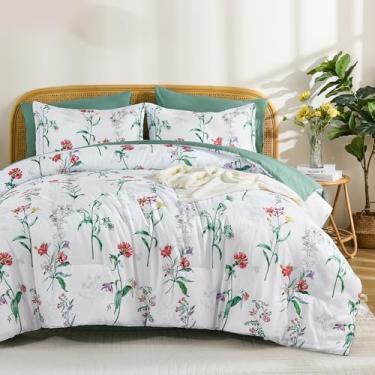 Imagem de Drucon Conjunto de edredom Queen, 7 peças, branco, verde, floral, botânico, conjunto de cama reversível em uma bolsa, conjunto de cama de microfibra leve e macia para todas as estações (228 x 228 cm)