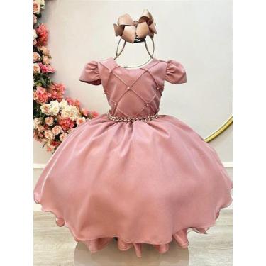 Imagem de Vestido Infantil Rose com Peito Nervura e Cinto de Pérolas - Fabuloso 