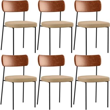Imagem de Kit 06 Cadeiras Para Sala De Jantar Melina L02 Couríssimo Camel Linho Bege Escuro - Lyam Decor