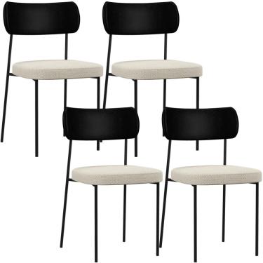 Imagem de Kit 04 Cadeiras Para Sala De Jantar Melina L02 Couríssimo Preto Linho Champagne - Lyam Decor