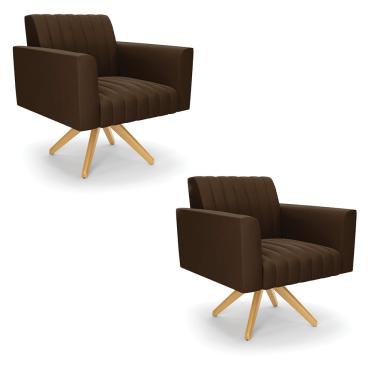 Imagem de Kit 2 Poltronas Giratória Viena Gomada Suede Marrom Base de Madeira MA30 - D'Rossi