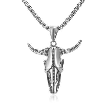Imagem de Colar Caveira Boi Prata Country Masculino Feminino Aco Inox-Corrente Malha Veneziana com Pingente Western Rodeio Aço Inoxidável Cirúrgico Unissexo Gótica Punk Rock Rockeiro-Colar Unissex Show Vaquejada Agro Cowgirl Cowboy Datas Especiais Presente