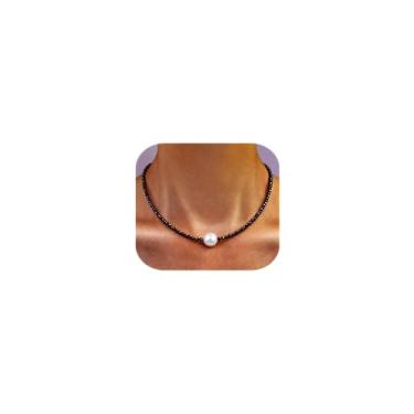Imagem de GEMTAL Colar feminino delicado com pingente de pérola única, moderno, colar gargantilha com contas de pedra preta, colar delicado de pérolas redondas de água doce, presente para mulheres e meninas,