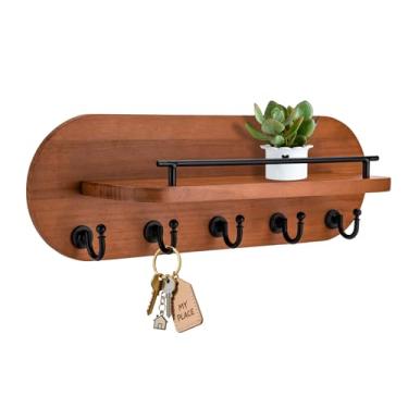 Imagem de SANY DAYO HOME Suporte de chave para parede, suporte de entrada de madeira marrom com 5 ganchos dourados, guarda de prateleira de metal para organizador de chaves, decoração de sala de estar (Oval
