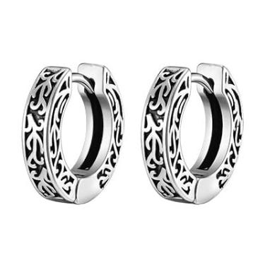 Imagem de Rockyu Brincos masculinos de argola com padrão de flor de aço inoxidável, estilo antigo, design esculpido, simples, leve, hipoalergênico, uso diário, presente, ミディアム, Aço inoxidável, Sem pedra