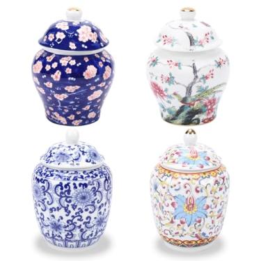 Imagem de Conjunto de 4 pequenos vasos de porcelana chinoiserie azul e branco - frascos de gengibre para decoração de casa, quarto, sala de estar, decoração de mesa de console - prateleira de destaque de mesa