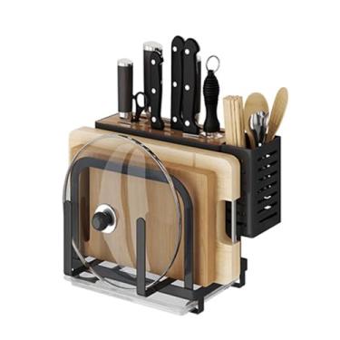 Imagem de JUSHZ Bandeja de cozimento, suporte de tábua, suporte para tábua, bancada, panela, talheres, cesta, faca, suporte multifuncional de aço inoxidável (preto, 24 x 13 x 23 cm)