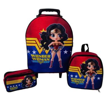 Imagem de Kit Mochila Escolar Infantil Mulher Maravilha Carrinho Lancheira Estoj