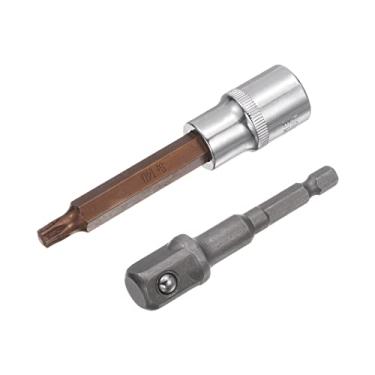 Imagem de Soquete Torx Bit T40, soquetes CR-V de acionamento quadrado de 1/5.1 cm, brocas de aço S2 de 10 cm de comprimento com adaptador de broca elétrica de haste hexagonal