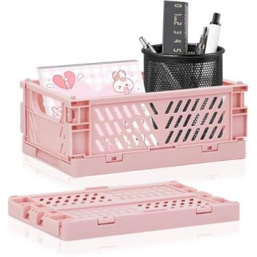 Imagem de Mini cestas de plástico dobráveis, 1 caixa de armazenamento dobrável para organizar e armazenar, casa, quarto, cozinha, banheiro, escritório, ferramenta (14 x 9 x 6 cm, rosa)