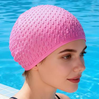 Imagem de Touca de natação de silicone confortável ideal para cabelos cacheados curtos médios longos touca de natação para mulheres e homens, rosa