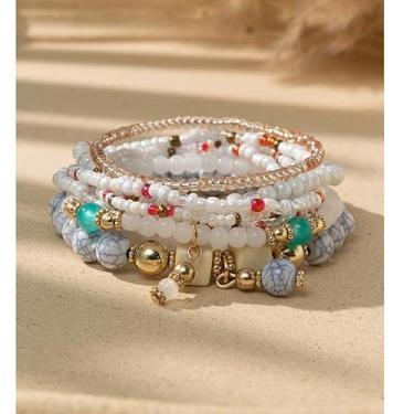 Imagem de 8 peças/conjunto de pulseiras boêmias empilháveis com contas, pulseiras feitas à mão com cordão em camadas, pulseiras Boho Crysta para mulheres, 5-10cm, Metal Pérola Metal Miçanga, Sem Pedra Preciosa