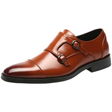 Imagem de Jamron Sapato social masculino Smart Monk Brogues couro genuíno salto de madeira formal, Couro sintético marrom, 45