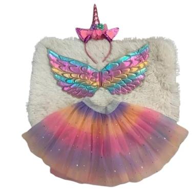 Imagem de Kit Fantasia Infantil 3 em 1 com Saia Tule e Asas, Acessórios Unicórnio e Princesa, Multicolorido (Unicórnio rosa)