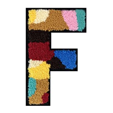 Imagem de 1 peça 11,4 cm colorido camuflagem chenille remendo com borda preta Camuflagem divertida ferro em letras para jaquetas e mochilas, adesivos modernos do alfabeto para moda e presentes (F)