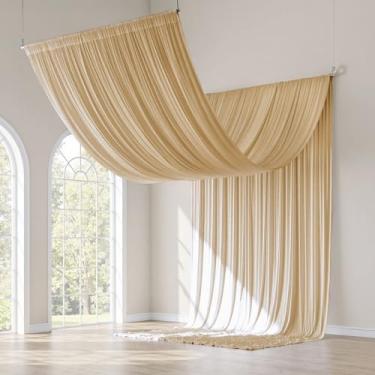 Imagem de gogoparti Cortinas de teto bege de 102 x 5 m para festas de casamento - 8 painéis de cortinas bege de seda sem rugas de 1,5 x 5,8 m para barracas, casamentos, aniversários, festas, decoração de