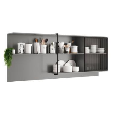 Imagem de Armário De Cozinha Modulado Alpha 2504 Com 1 Porta Com Vidro Canelado 200cm Cinza