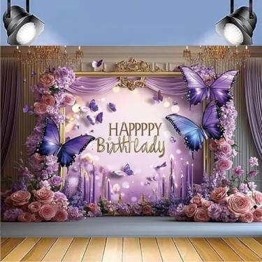 Imagem de Fundo de borboleta roxa feliz aniversário flores florais Gypsophila borboletas tema festa fotografia fundo feminino meninas bolo mesa decoração festa banner (2,7 x 1,8 m)