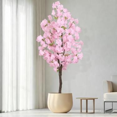 Imagem de Árvore de cerejeira rosa artificial com 1,7 m de altura, folhas de seda falsas, decoração de interiores, feita à mão, árvore de Sakura realista para casamento, planta de cerejeira realista em vaso